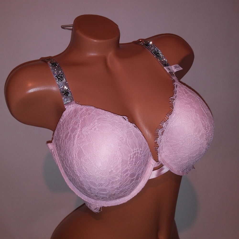 Victoria Secret Bra 38DD Push Up Light Pink Lace Shine Strap Solid Very Sexy